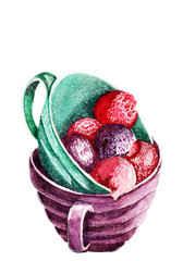 Watercolor ice cream balls from berries in cups isolated on white background. Hand painted food illustration. Good for cards, inventation, wallpaper, menu.