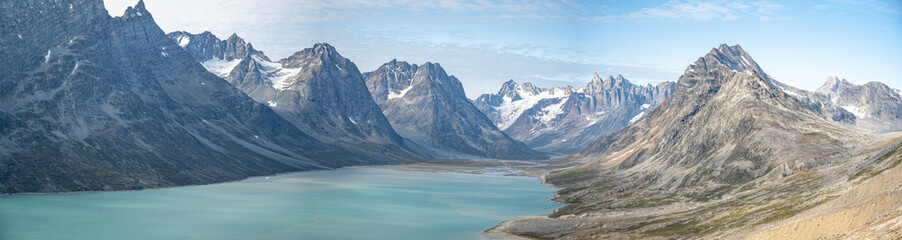 Very wide panoramic view of a fjord in Greenland