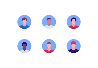 People character avatar template collection. Vector flat person illustration. Set of muiltiethnic male faces in circle. Black african american, hispanic, caucasian ethnic. Design for web app, site, ui