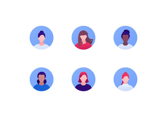 People character avatar template collection. Vector flat person illustration. Set of muiltiethnic female faces in circle. Black african american, hispanic, caucasian ethnic. Design for web app, ui