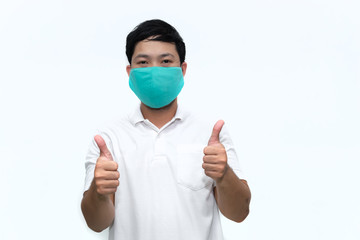 Portrait of man wear protect mask on white background,Wearing face mask for prevent COVID-19 Pandemic Coronavirus,worker with medical mask for against and stop coronavirus
