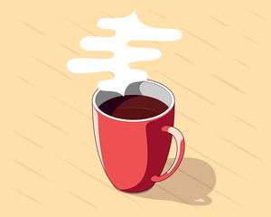 Red Cup of Coffee With Steam. Cartoon Outlined Style. Vector Isometric Illustration