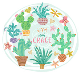 Cactus and succulents illustration with cute nature elements. Blue background. Stylish unique art. Green house plants garden. Vector illustration.