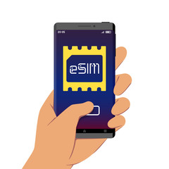Hand Holding Smartphone With eSIM Chip Sign on Its Screen, Flat Design Style Illustration