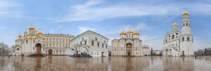 Panorama of Cathedral square Kremlin, Moscow, Russia. Assumption Cathedral, the Church of Twelve Apostles, Faceted Chamber, Annunciation Cathedral and Ivan the Great Bell Tower