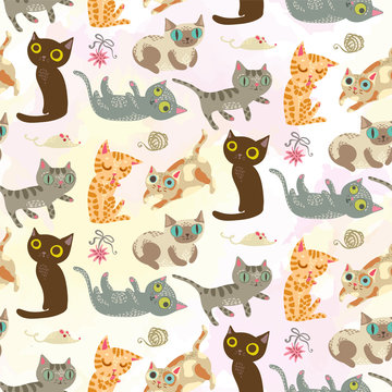 Seamless pattern with funny crazy cats. Cute kitty illustration. Watercolor background