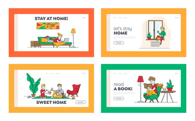 Obraz na płótnie Canvas Stay Home Isolation Landing Page Template Set. Male and Female Characters Spend Time Doing Hobby Reading, Eating Food, Drinking Coffee Together with Cat and Soulmate. Linear People Vector Illustration