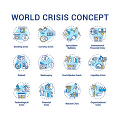 World crisis concept icons set. International disaster situation, emergency event with global negative changes idea thin line RGB color illustrations. Vector isolated outline drawings. Editable stroke