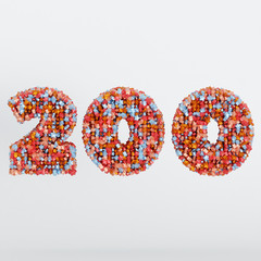 Number 200 3D Text Illustration, Digits With Pink And Sky Colors Stars, 3D Render In 4K Resolution, Isolated On White Background, With Shadow ..