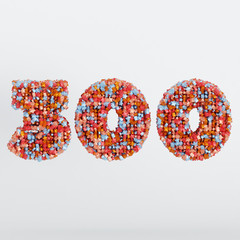 Number 300 3D Text Illustration, Digits With Pink And Sky Colors Stars, 3D Render In 4K Resolution, Isolated On White Background, With Shadow ..