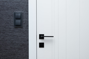 Modern interior design details - door, black switches and wallpaper