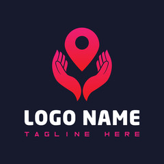 Colorful hand with location pin icon or logo design template