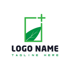 Leaf logo with plus sign. Leaf and plus icon. Green logo