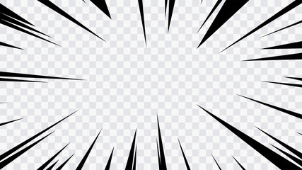 Abstract comic book flash explosion radial lines on transparent background. Vector illustration superhero design. Bright black light strip burst. Flash ray blast glow. Speed lines Manga frame. Anime.