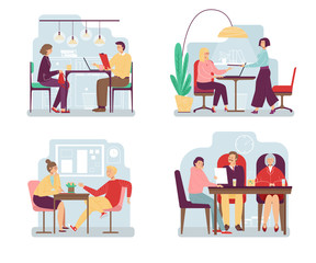 People at job interview, different behavior cartoon characters, vector illustration. Company manager hiring candidates, confident behavior on job interview. Men and women recruitment meeting situation