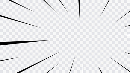 Abstract comic book flash explosion radial lines on transparent background. Vector illustration superhero design. Bright black light strip burst. Flash ray blast glow. Speed lines Manga frame. Anime.