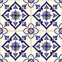 Vecteur de motif de carreaux espagnols sans couture avec ornement bleu et blanc. Azulejos portugais, talavera mexicaine, majolique de Sicile ou céramique hollandaise de Delft. Texture mosaïque pour mur de cuisine ou sol de salle de bain.