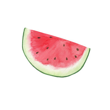 Watercolor illustration of a watermelon slice on the white background, sweet red juicy fruit, healthy and organic diet simple food pattern, symbol of summer and holiday relax