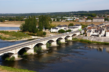 Fototapeta premium Bridge over the Loire River, Loire Valley - Europe, France, shot from Amboise, Amboise Castle, Chateau d' Amboise, Castle - August 2015