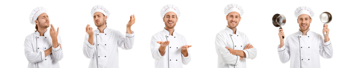 Set with handsome male chef on white background