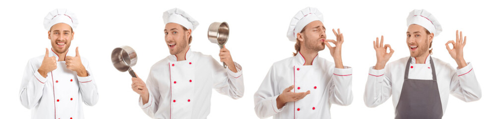 Set with handsome male chef on white background