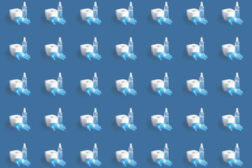 Sanitizer, a rubber glove and a toilet paper on the plain background
