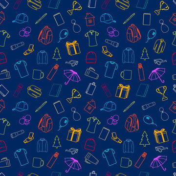 Promotional products and gifts seamless pattern vector illustration