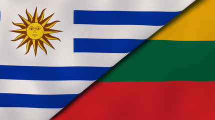The flags of Uruguay and Lithuania. News, reportage, business background. 3d illustration