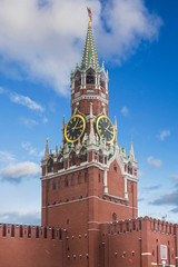 Spasskaya tower (Bashnya) or Saviour Tower of the Kremlin with the clock on the Red Square in Moscow, Russia