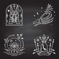Obraz premium Esoteric symbols. Vector Thin line geometric badge on chalkboard. Outline icon for alchemy, sacred geometry. Mystic, magic design with human skeleton bone hand, chemistry flask with crow foot, Anubis