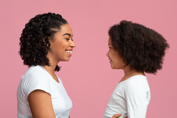 Side View Portrait Of Happy Afro-American Woman And Her Little Daughter