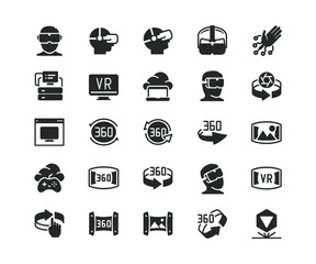 Virtual and Augmented Reality, 360 Degree Rotation and Cloud Gaming Related Icon Set in Glyph Style