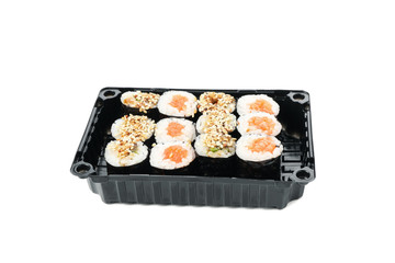 Box with sushi isolated on white background