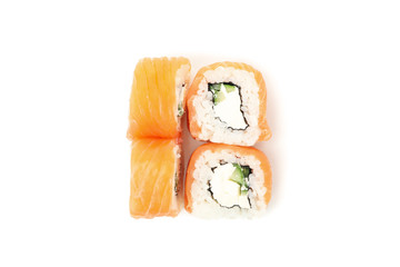 Japanese food. Delicious sushi rolls isolated on white background