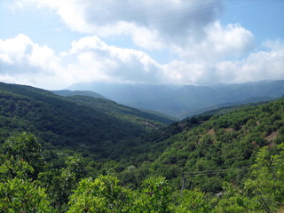 Fototapeta na wymiar Valley of hills covered with low green forest. In the distance, the silhouettes of high mountains turn blue. Clear blue sky with small clouds.