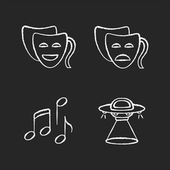 Traditional movie genres chalk white icons set on black background. Funny comedy, serious drama, musical and science fiction. Common film categories. Isolated vector chalkboard illustrations