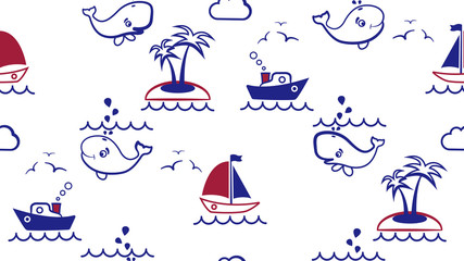 Childish seamless pattern, sea, sailboat, ship, whale, cachalot, uninhabited island. Illustration, great for wallpper, textile and texture design. Kids design, fabric, wrapping, apparel.