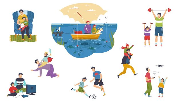 Father and son spend time together, happy people isolated set, cartoon character vector illustration. Parent and kid fun leisure, dad plays with son. Father enjoys family weekend, man fishing with boy