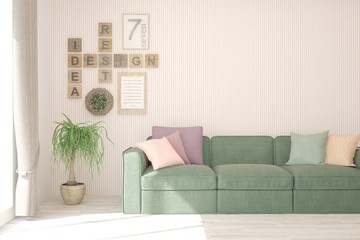White living room with sofa. Scandinavian interior design. 3D illustration