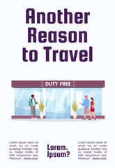 Another reason to travel poster template. Duty free shop in airport terminal. Commercial flyer design with semi flat illustration. Vector cartoon promo card. Airline services advertising invitation