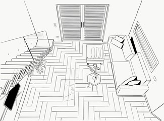 drawing of interior home Black and white