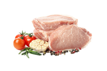 Raw meat for steak and ingredients isolated on white background