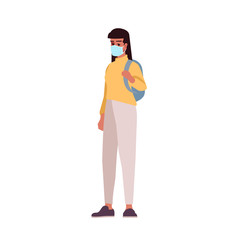 College girl in surgical mask semi flat RGB color vector illustration. Young hispanic woman with rucksack isolated cartoon character on white background. Pandemic education, coronavirus outbreak