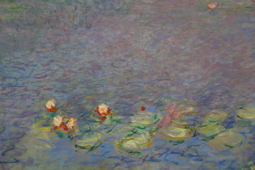 Claude Monet painting featured on large painting in Musée de l'Orangerie, Paris, France - shot in...