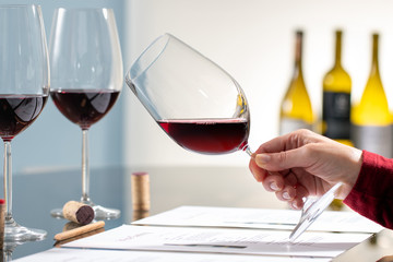 Sommelier evaluating red wine at wine tasting.