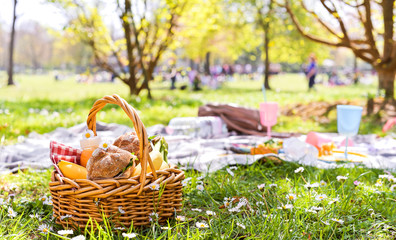 Lunch in the park on the green grass. Summer sunny day and picnic basket. Sandwiches, burgers for...
