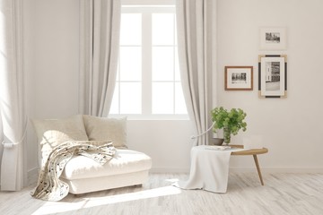 White living room with armchair. Scandinavian interior design. 3D illustration