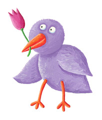 Funny purple bird with pink tulip in the beak