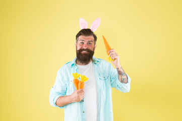 Naklejka premium Eat organic to be healthy. Happy bunny hold organic carrots. Bearded man wear rabbit ears. Organic food for health. Healthy eating habit. Spring avitaminose. Organic and natural