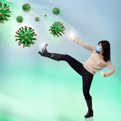 Woman fighting against corona virus cells.